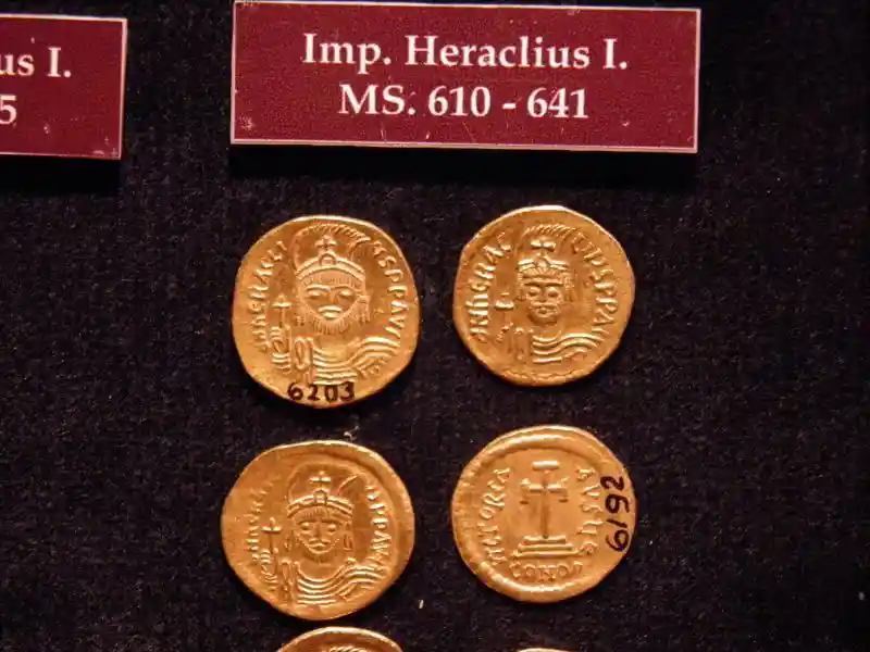 Coins with asymmetrical cross during the time of Emperor Heraclius I, located at Archaeological Museum of Izmir, Turkey